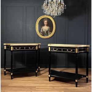 Pair Of Louis XVI Style Black Lacquered Wood Console Tables