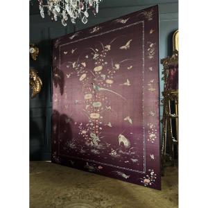 Embroidery / Large Chinese Silk (2m17) Framed Representing Birds And Insects - 20th Century 