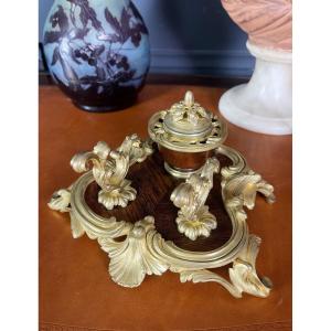 Maison Millet: Louis XV Style Desk Inkwell In Marquetry And Gilt Bronze - 19th Century