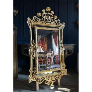 Miroir D’époque Art Nouveau En Bois Doré à La Feuille D’or - Fin XIXe 