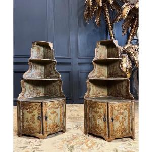 Pair Of 18th Century Corner Cabinets In Painted And Gilded Wood With Chinoiserie Decor