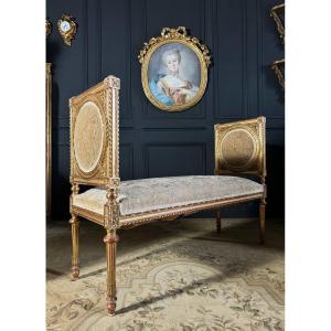 Importante Banquette D’époque Napoléon III En Bois Doré Et Sculpté De Style Louis XVI - XIXe