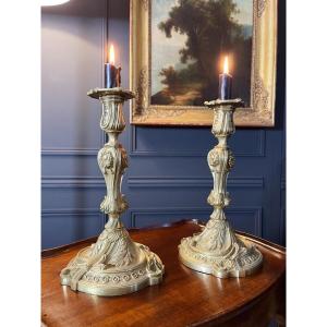 Pair Of Napoleon III Period Candlesticks In Louis XV Style Gilt Bronze