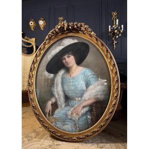 Albert Baure (fin XIXe) : Pastel D’une Femme Au Chapeau Vers 1900