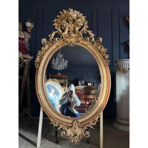 Miroir Ovale D’époque Napoléon III En Bois Doré à Décor De Putti - XIXe