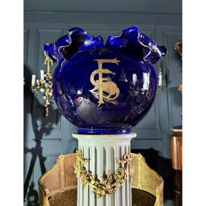 Vase / Cache Pot D’époque Napoléon III En Porcelaine Peinte à Décor De Fleurs De Lys - XIXe 