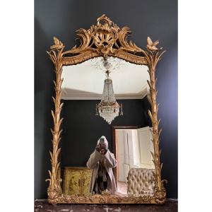 Miroir De Cheminée D’époque Napoléon III En Bois Doré à Décor De Palmes Et D’oiseaux - XIXe