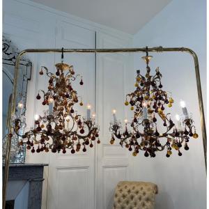 Pair Of 70s Chandeliers In Gold Metal And Crystal Tassels - 20th Century 