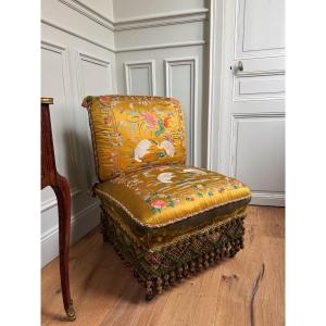 Napoleon III Period Fireside Chair Upholstered In Chinese Silk - 19th Century 