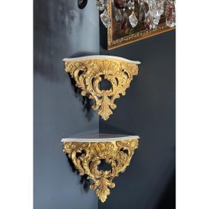 Pair Of Napoleon III Period Wall Consoles (corner Tables) In Gilded And Carved Wood - 19th Century 