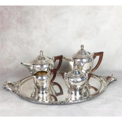 Tea / Coffee Service In Silver Metal And Handles In Rosewood Vintage Art Deco