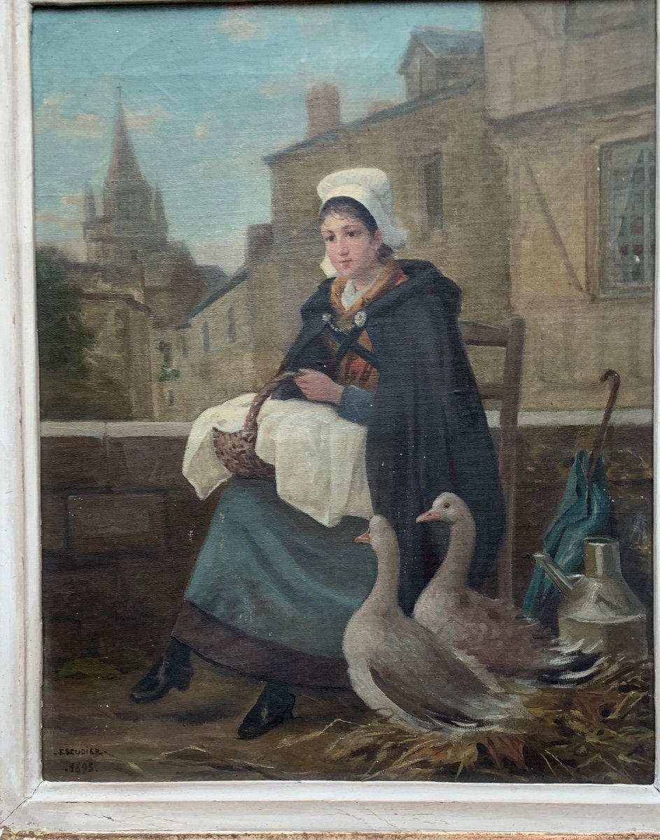 Bretonne With Geese By Charles Jean Auguste Escudier-photo-3