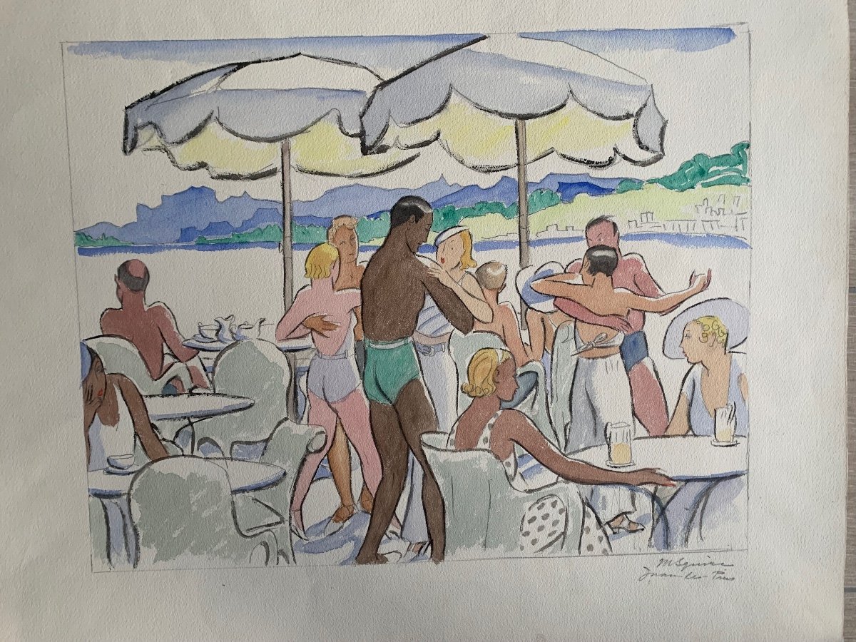 Juan Les Pins 1930 Bal Sur La Plage Par Maud Hunt Squire Peintre Américain -photo-2