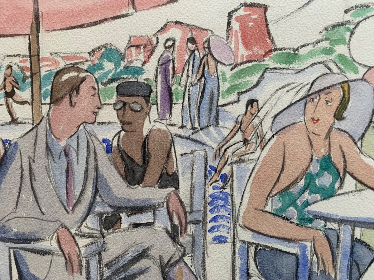 Monté Carlo 1930 Terrasse Sur La Plage Par Maud Hunt Squire Peintre Américain-photo-2