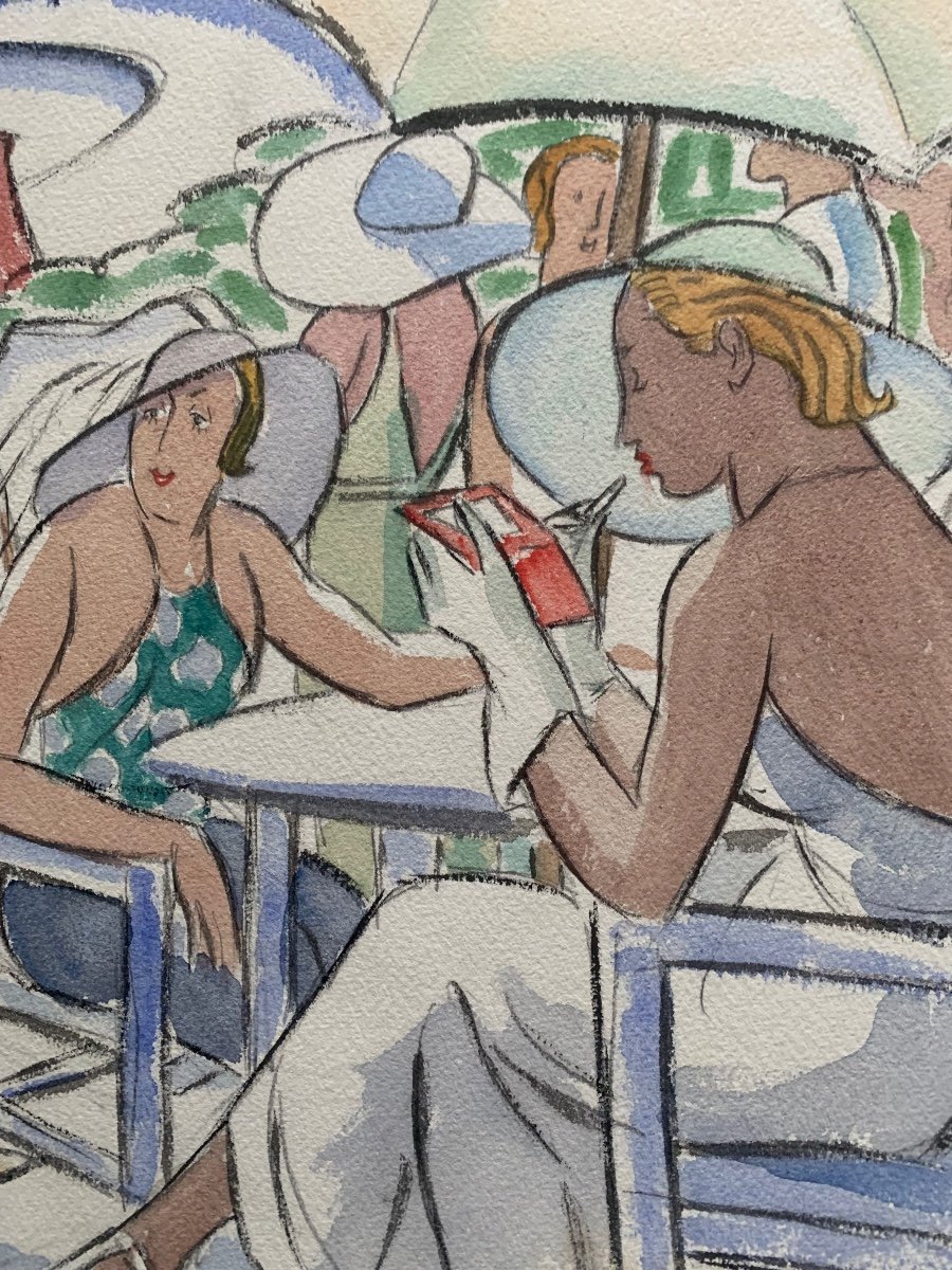 Monté Carlo 1930 Terrasse Sur La Plage Par Maud Hunt Squire Peintre Américain-photo-3