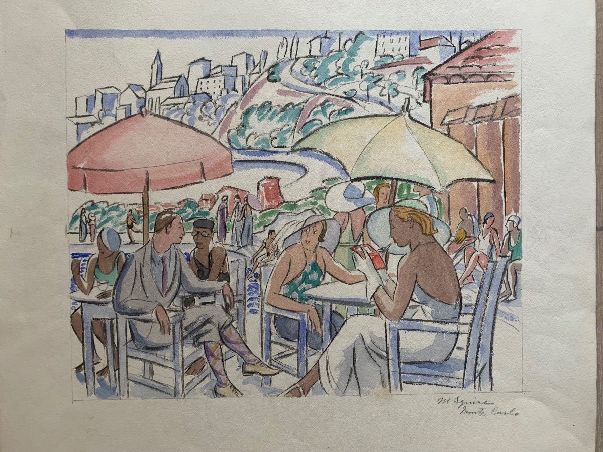 Monté Carlo 1930 Terrasse Sur La Plage Par Maud Hunt Squire Peintre Américain-photo-2