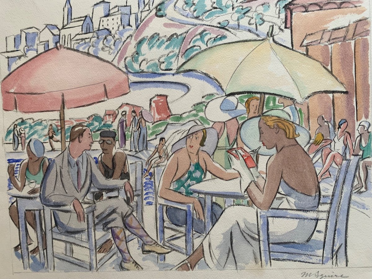 Monté Carlo 1930 Terrasse Sur La Plage Par Maud Hunt Squire Peintre Américain