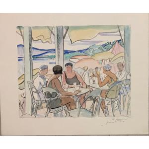 Juan Les Pins 1930 Terrasse Sur La Plage Par Maud Hunt Squire Peintre Américain