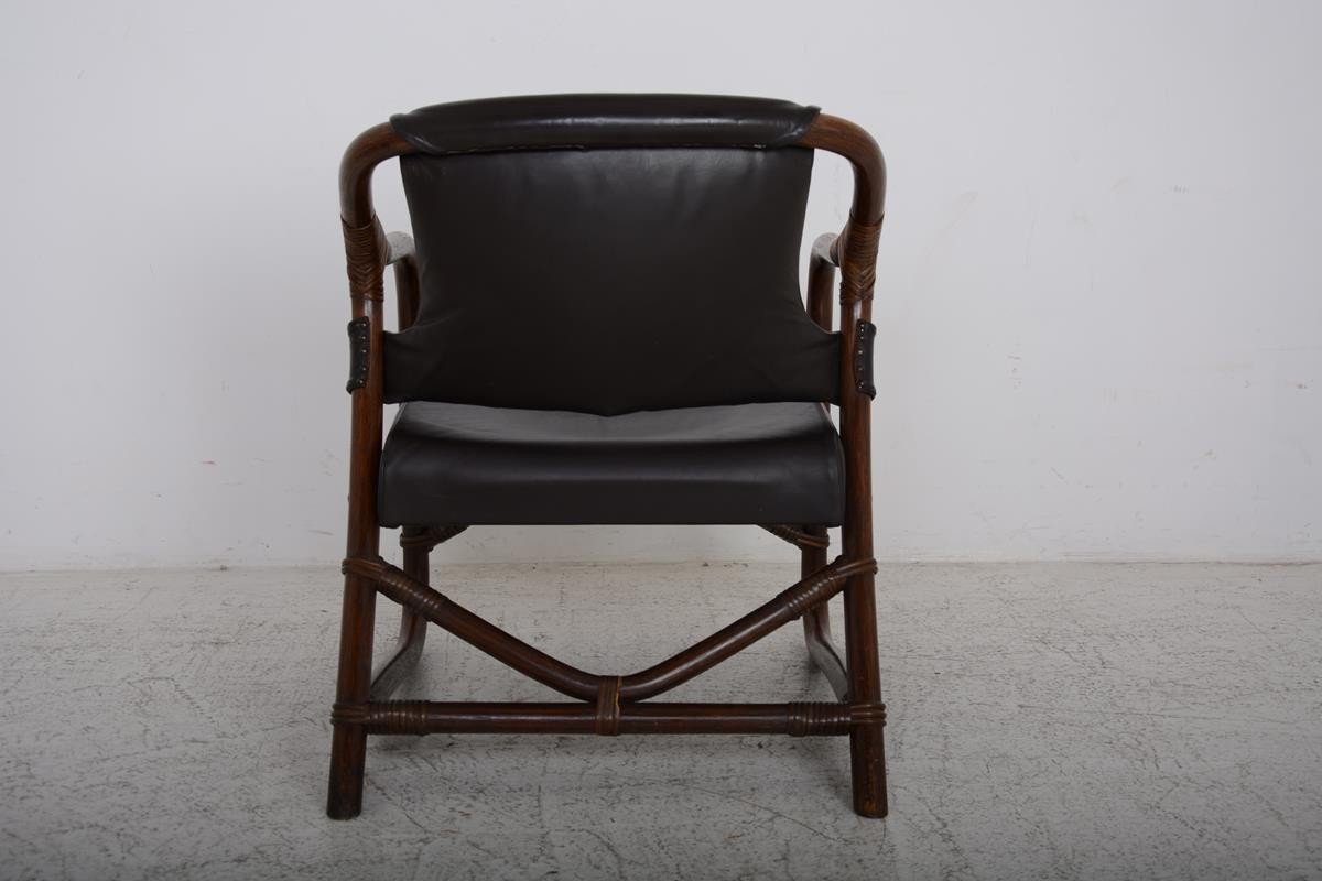 Fauteuil Bambou et cuir brun datant des années 70-photo-1