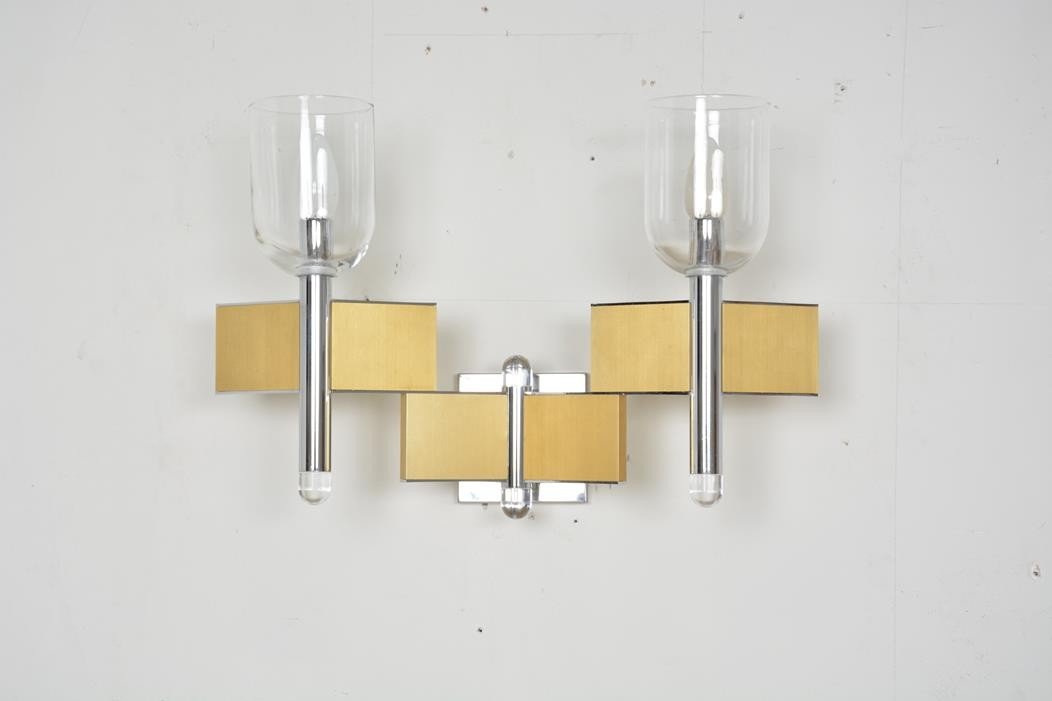 Gaétano Scoiolari Wall Lamp In Metal, Brass And Glass 2 Lights