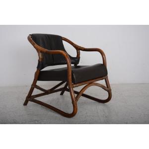Bamboo And Brown Leather Armchair From The 70s