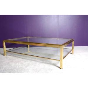 Double Top Coffee Table “flaminia” Model In Gilded Brass And White Glass. Dating Back Years