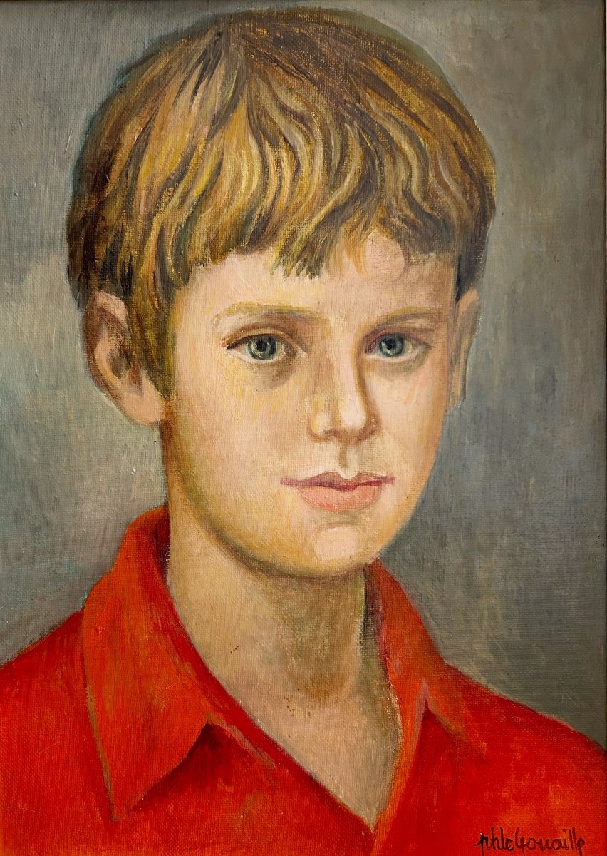 Philippe LE GOUAILLE (1912-2001), art naïf,  Portrait de jeune garçon, 1969, huile sur toile