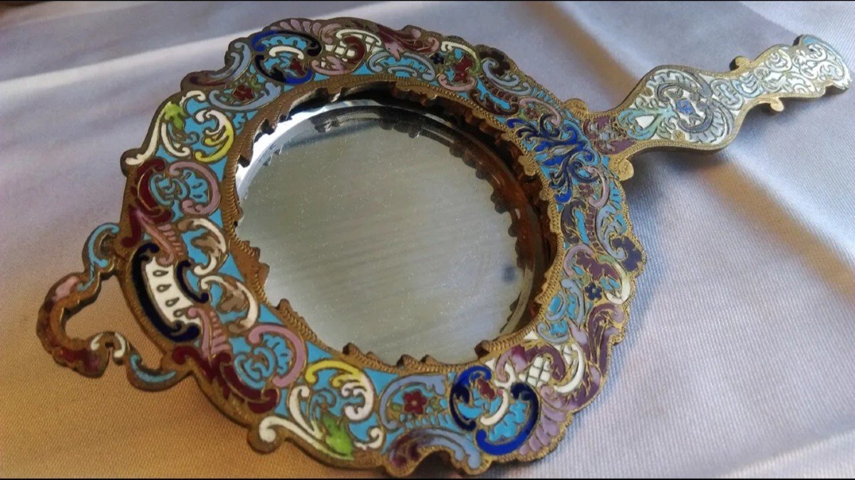 Miroir à Main En Bronze Cloisonné, émaillés, XIXeme-photo-2