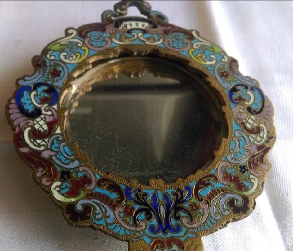 Miroir à Main En Bronze Cloisonné, émaillés, XIXeme-photo-4