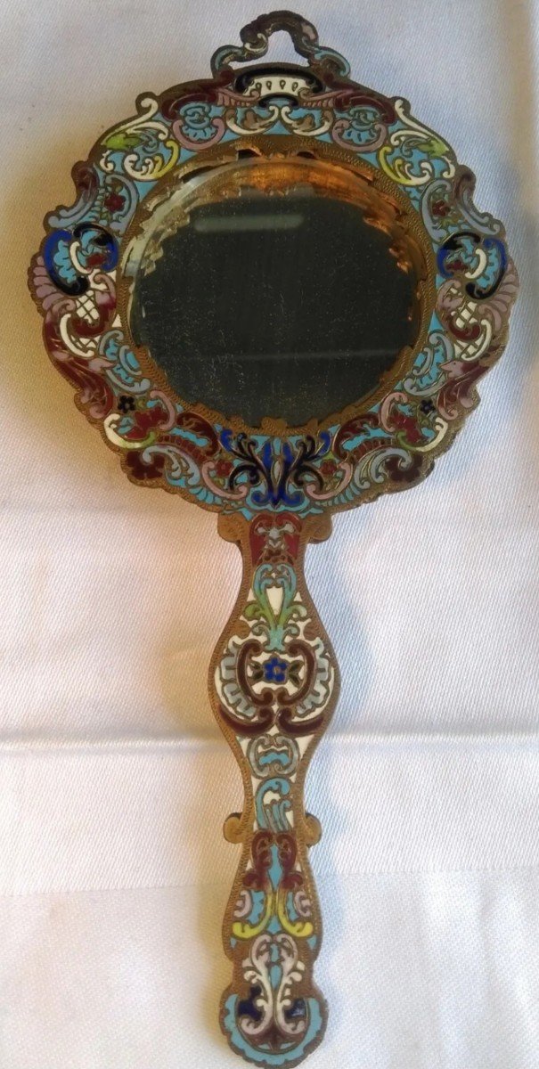 Miroir à Main En Bronze Cloisonné, émaillés, XIXeme