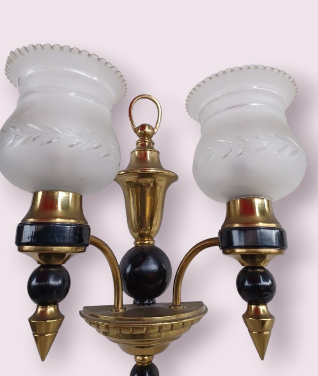 Pair Of Gilt And Black Bronze Sconces, Stamped -photo-2