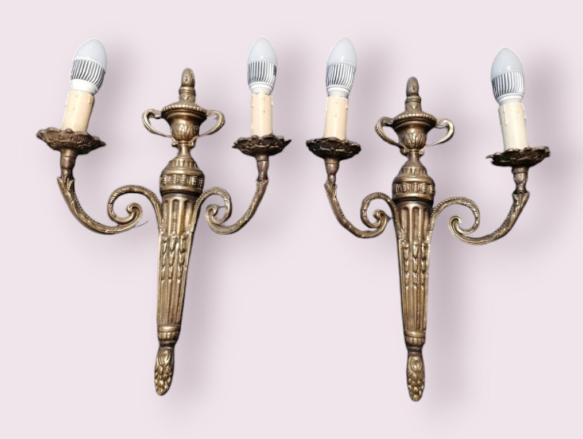 Pair Of Old Bronze Sconces, Electrified, Empire Style