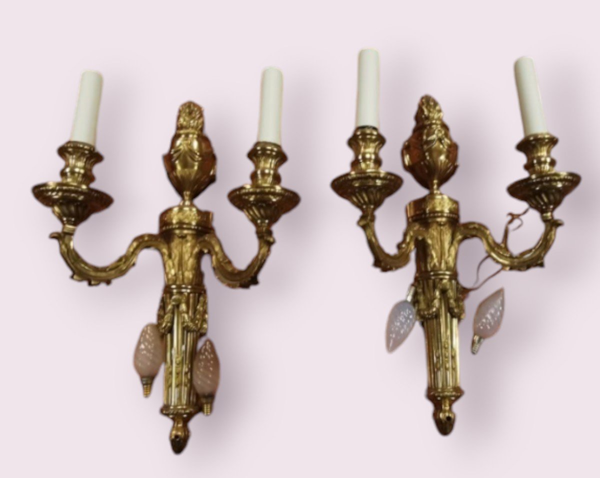 Pair Of Gilt Bronze Sconces, Electrified, Louis XVI Style