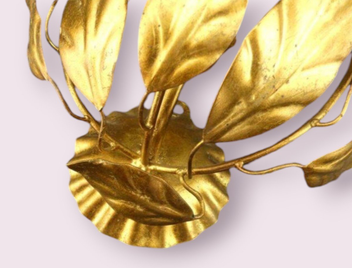 Pair Of Golden Metal Sconces, Natural Leaves Decor -photo-3