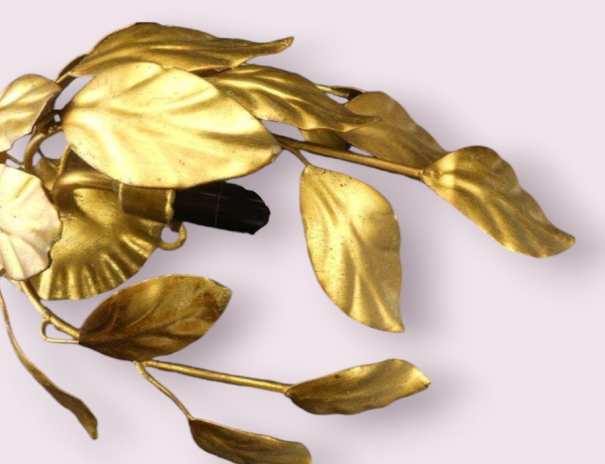 Pair Of Golden Metal Sconces, Natural Leaves Decor -photo-4