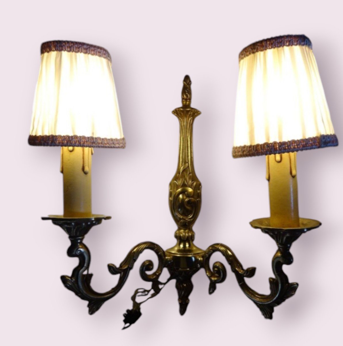 Pair Of Bronze Sconces With Their Lampshades, Electrified -photo-2