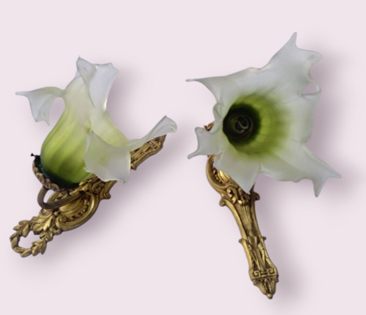 Pair Of Glass Paste Sconces, Gilt Bronze Frame, Electrified -photo-3