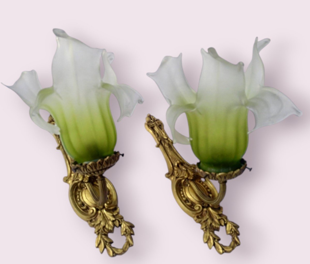 Pair Of Glass Paste Sconces, Gilt Bronze Frame, Electrified 