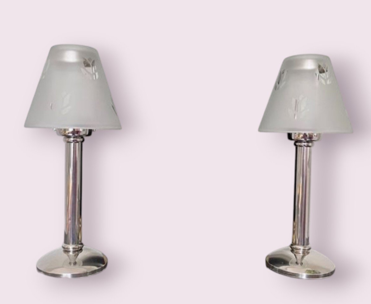 Pair Of Silver Metal Lamps With Their Molded Glass Lampshades 