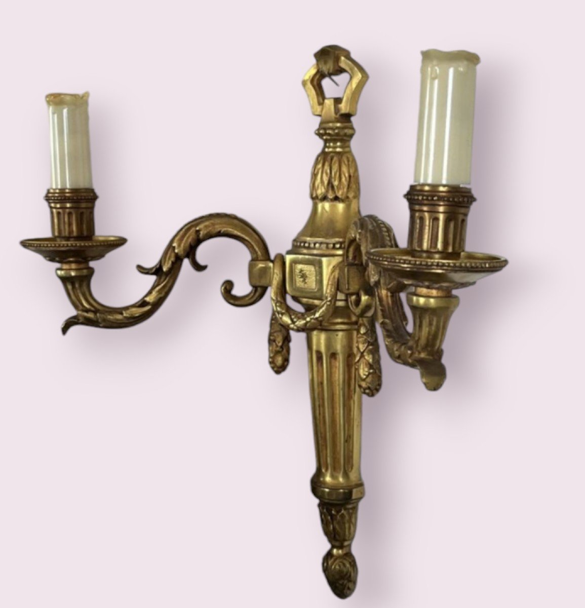 Pair Of Gilded Bronze Sconces, Electrified, Louis XVI Style-photo-2