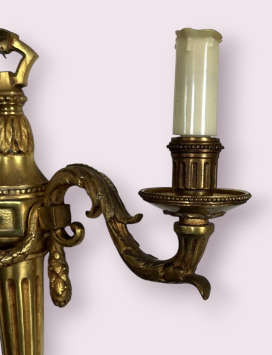 Pair Of Gilded Bronze Sconces, Electrified, Louis XVI Style-photo-4