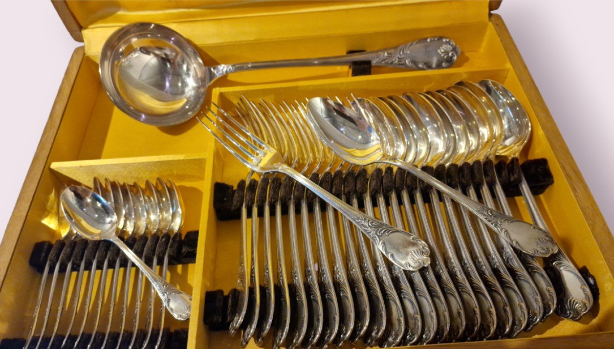 Christofle Marly Model Cutlery Set, 76 Pieces In Silver Metal -photo-2