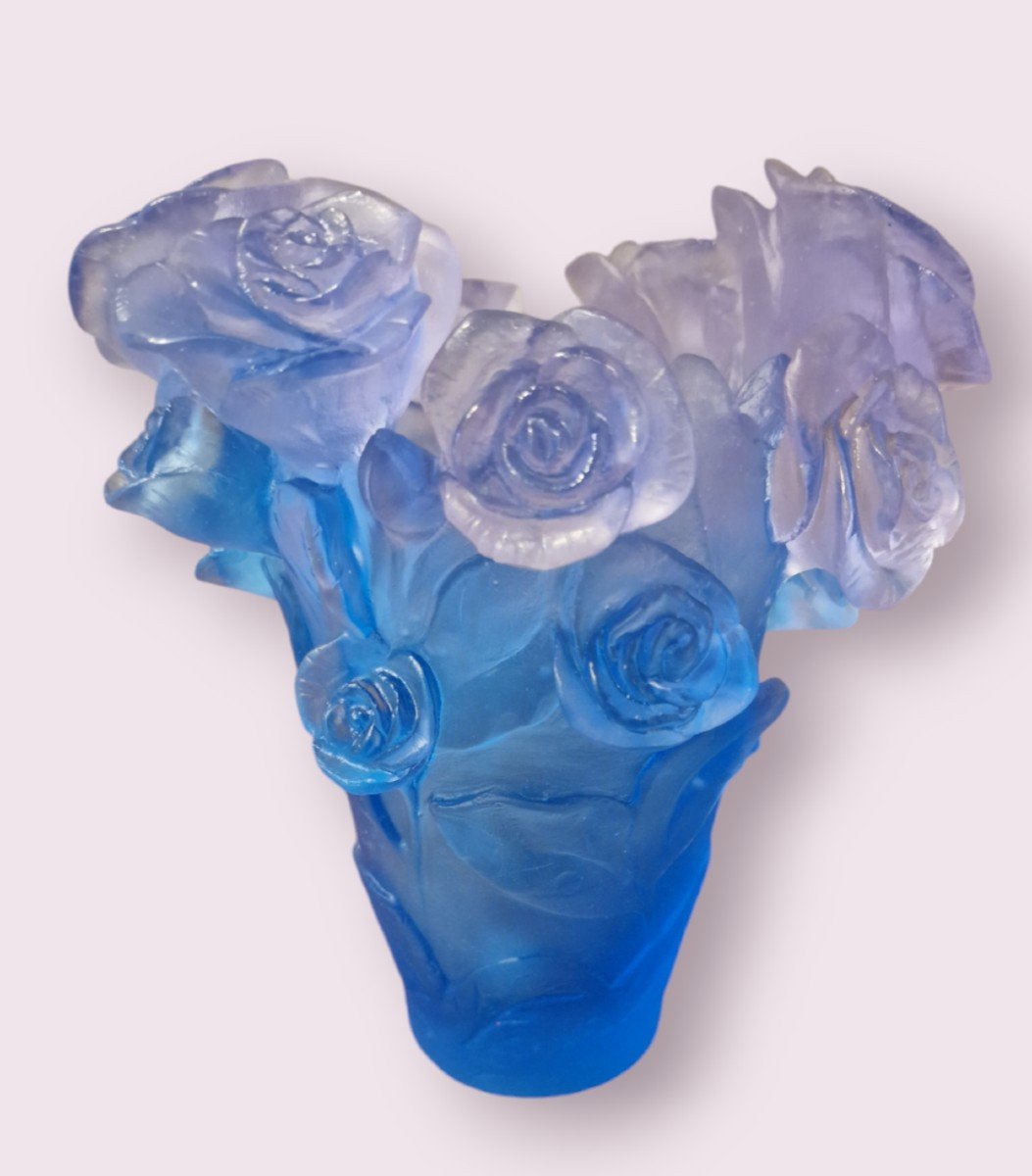 Daum Vase Model Roses In Blue Glass Paste, Signed -photo-2