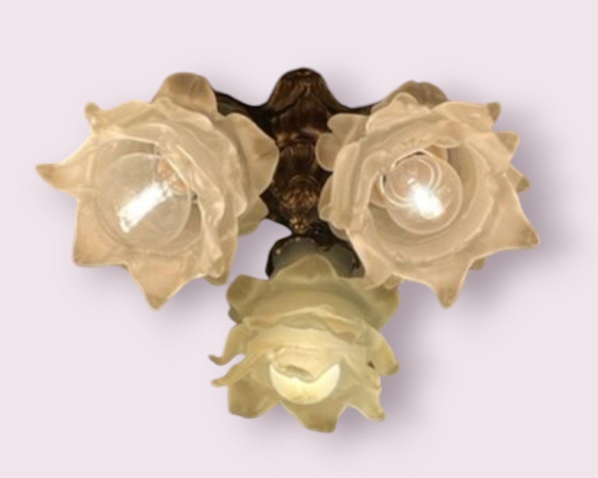 Bronze Ceiling Light With 3 Glass Paste Tulips, Electrified 