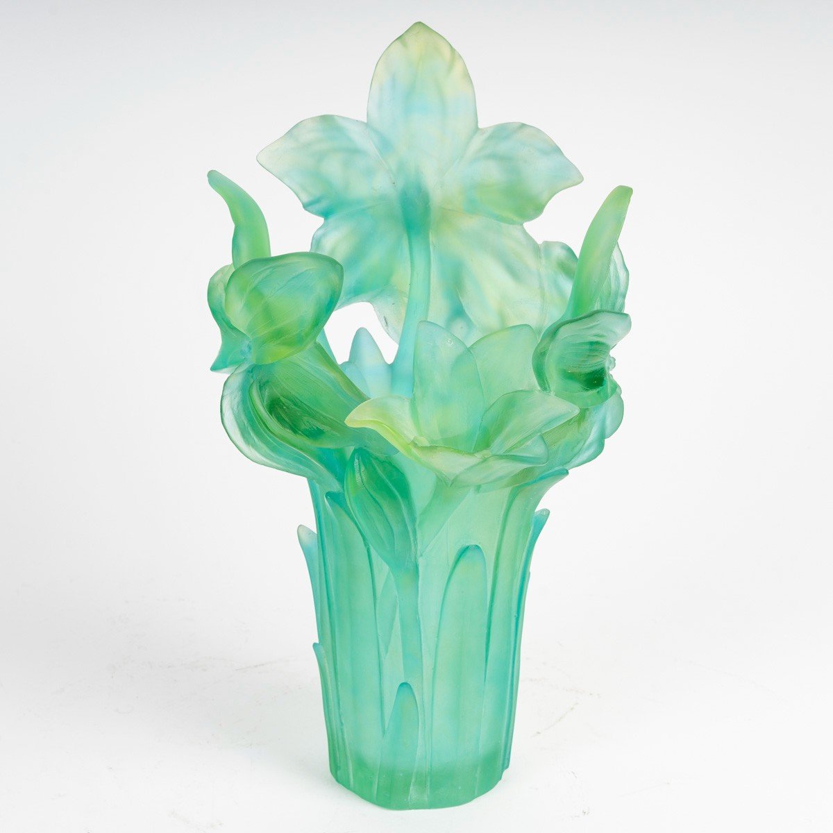 Grand Vase Daum En Pâte De Verre Vert, Collection Amaryllis, Signé Et En Parfait état -photo-2