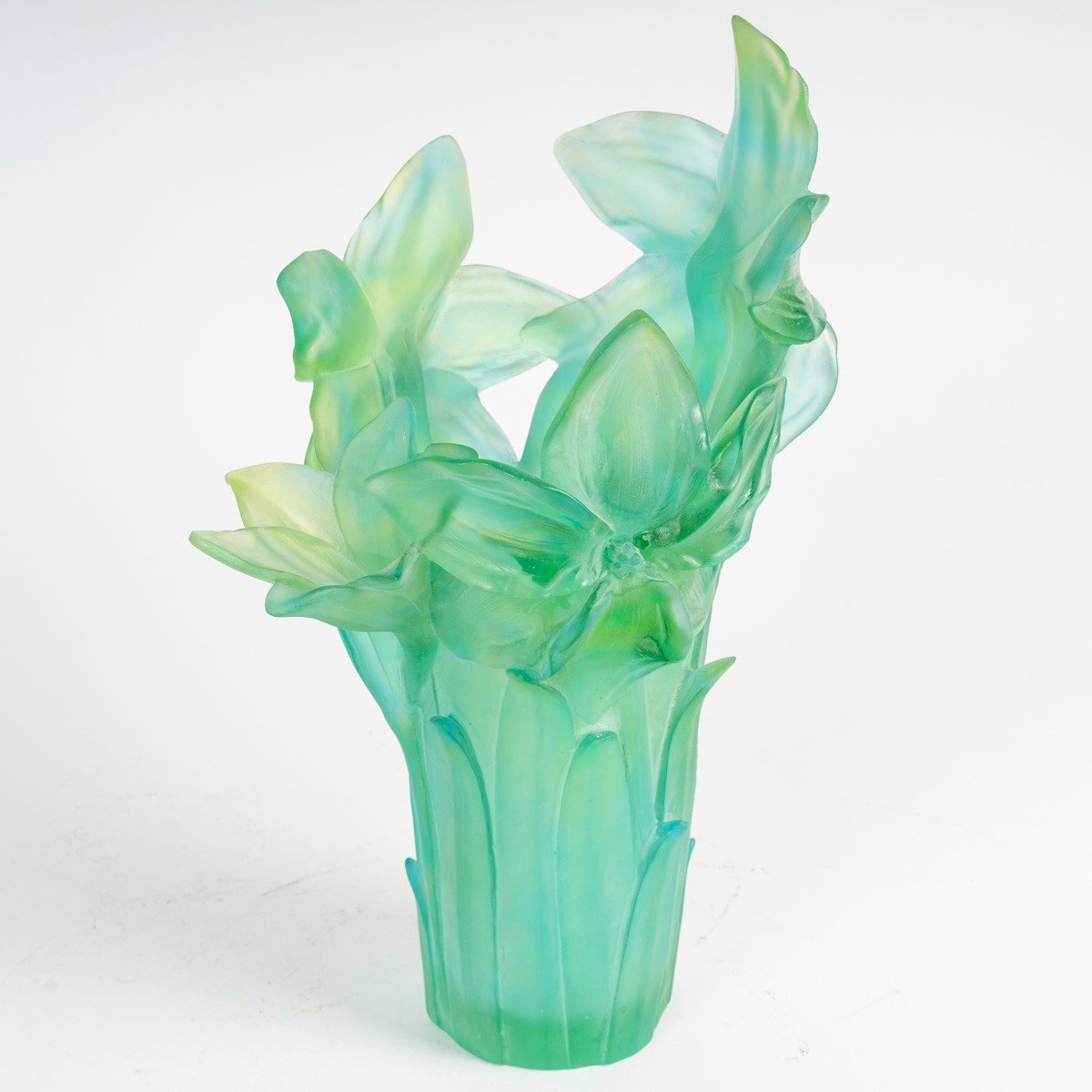 Grand Vase Daum En Pâte De Verre Vert, Collection Amaryllis, Signé Et En Parfait état -photo-3