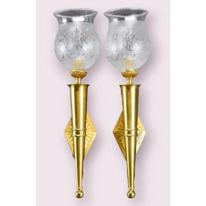Pair Of Gilt Bronze Wall Sconces In The Form Of A Torch, Electrified
