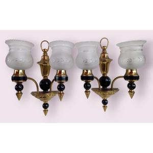 Pair Of Gilt And Black Bronze Sconces, Stamped 