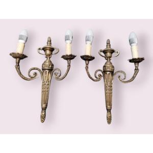 Pair Of Old Bronze Sconces, Electrified, Empire Style