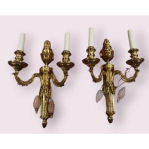 Pair Of Gilt Bronze Sconces, Electrified, Louis XVI Style